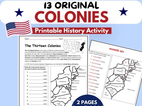 13 Colonies Printable History and Geography Worksheet