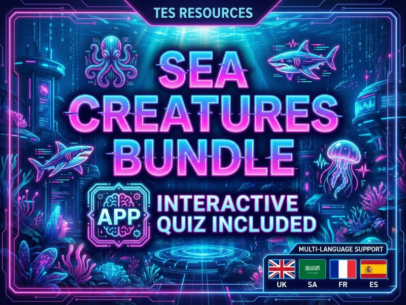 CYBER-MARINE: 20 Mysterious Sea Creatures - Interactive Flashcards & Multi-Language Digital Quiz