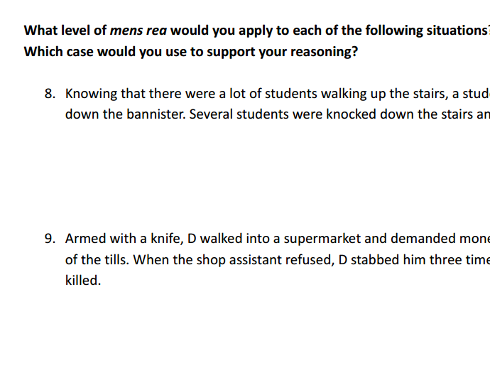 Actus reus and mens rea - Knowledge and application questions