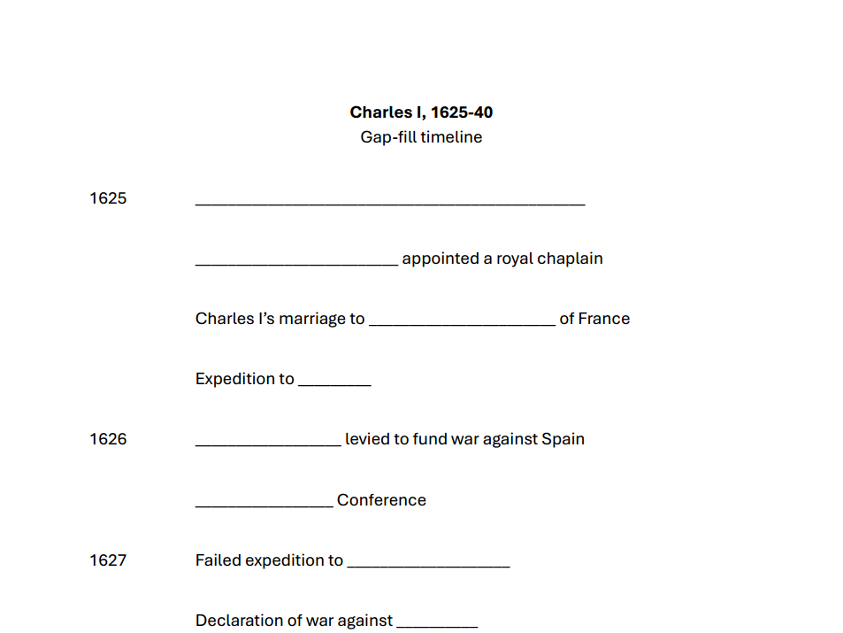 Gap-fill timeline - Charles I 1625-1640 (OCR A-level history Unit Y108)