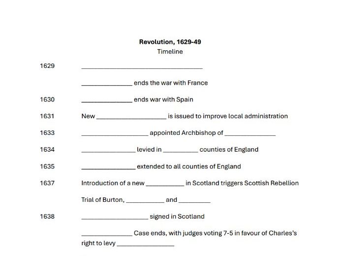 Gap-fill timeline - Revolution 1629-1649 (AQA A-level history Unit 1D)