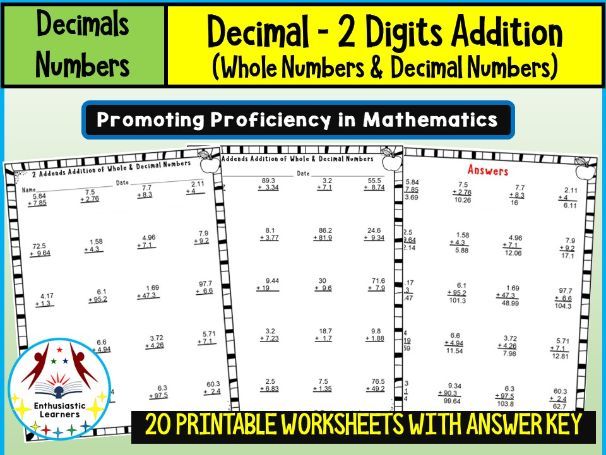 2-Digits Decimal Numbers Addition (Whole Numbers with 2-Point Decimal Numbers) Worksheets Practice