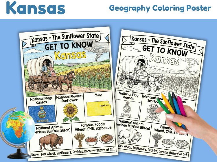 Kansas Geography Coloring Poster | U.S. State Facts Worksheet