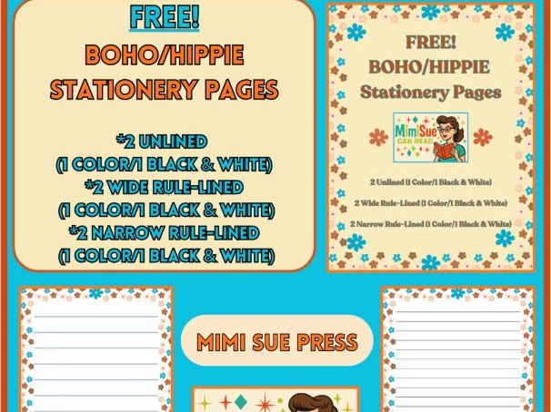 FREE BOHO/Hippie Stationery Set (Color/Black & White/ Unlined/Wide-/Narrow-Rule)