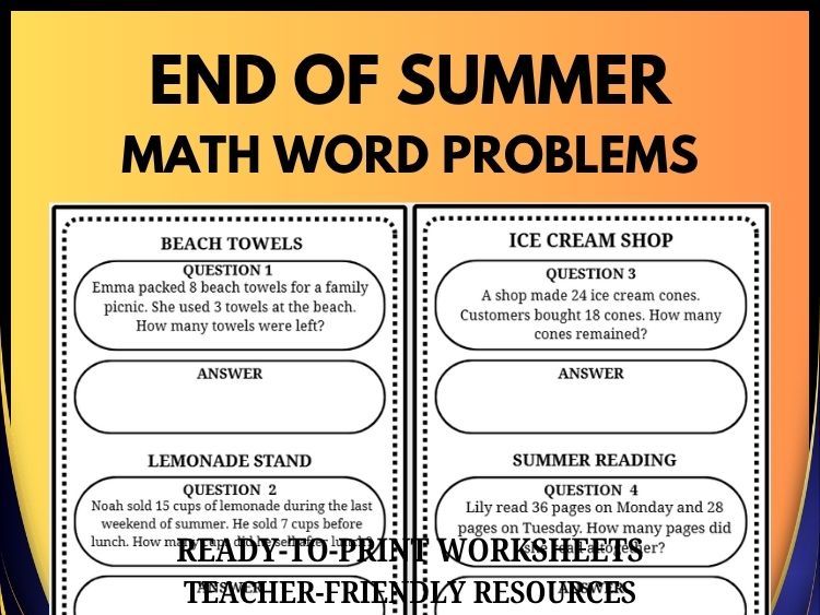 End of Summer Math Word Problems | 40 Summer-Themed Problems & Answer Key