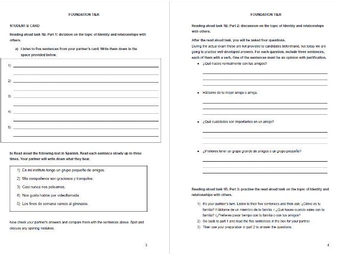 New GCSE Spanish Speaking Read aloud cards and Dictation pair work