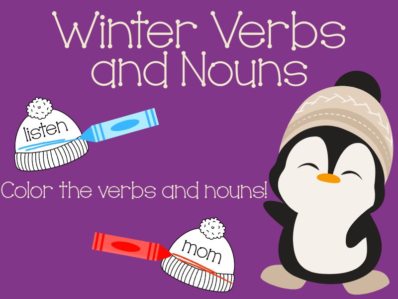 Winter Verbs and Nouns – Color the Parts of Speech Worksheet