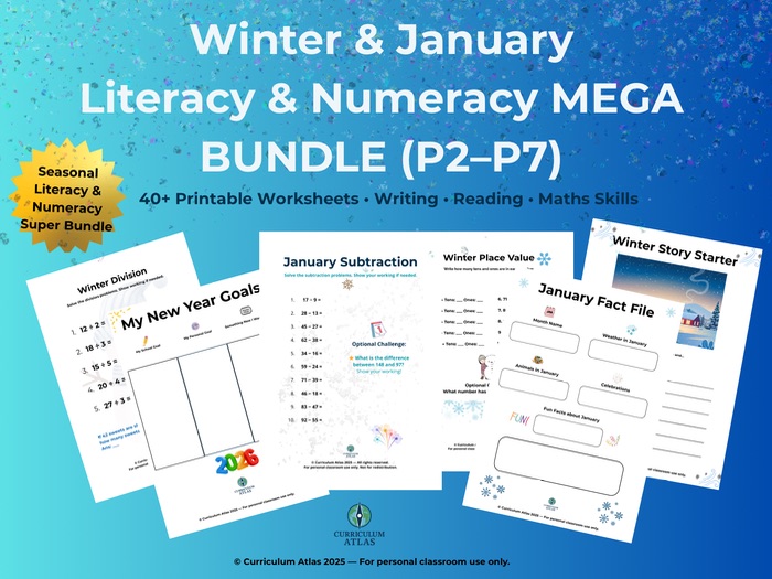 Winter & January Literacy & Numeracy MEGA BUNDLE (P2–P7) | 40+ Printable Worksheets