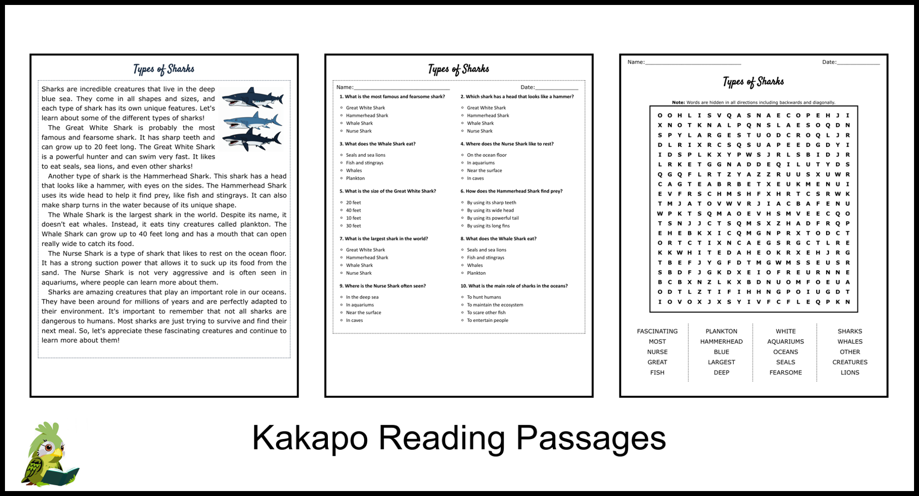types-of-sharks-reading-comprehension-and-word-search-teaching-resources