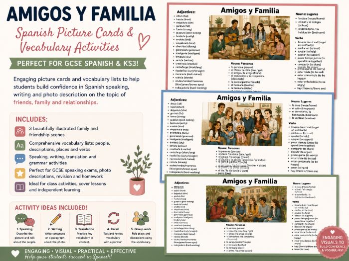 Amigos y Familia Spanish Picture Cards & Vocabulary Activities | GCSE Spanish Speaking Resource