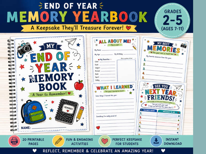 End of Year Memory Book Grades 2-5 Activity Booklet Yearbook Keepsake PDF. Personally designed
