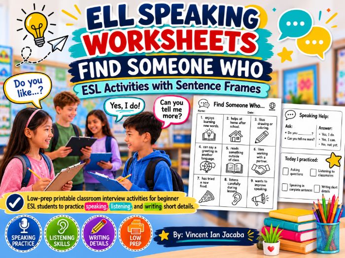 ELL Speaking Worksheets | Find Someone Who ESL Activities with Sentence Frames