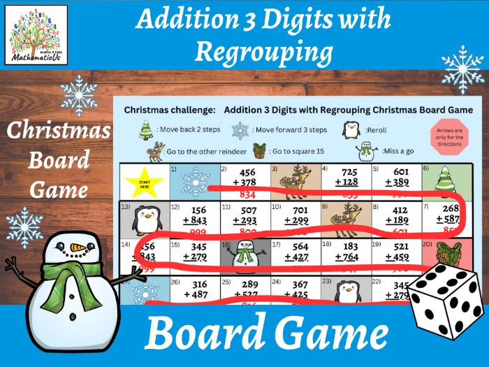 Addition 3 Digit Numbers with Regrouping Christmas Board Dice Game