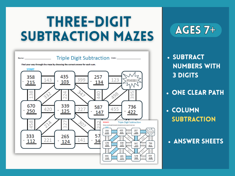 Three-Digit Subtraction Maze Worksheets (with & without regrouping)