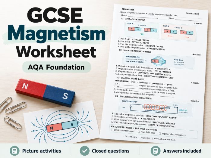 GCSE Magnetism Worksheet | SEN-Friendly grade 2/3 | Picture Activities, Retrieval & Answers