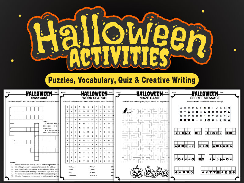 Halloween Activity Worksheet Pack | Puzzles, Vocabulary, Quiz & Creative Writing