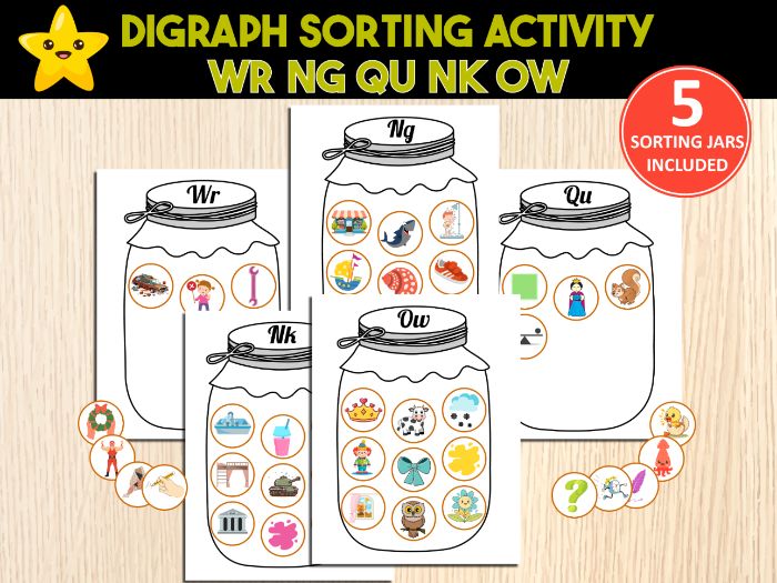 Digraph Sorting Activity Jars | Initial Consonant Digraphs Wr Qu Ng Nk Ow