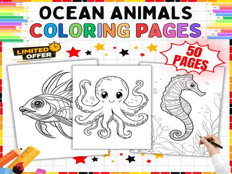 Ocean Animals Coloring Pages | Sea Creatures Printables for Kids | Under the Sea Art Worksheets