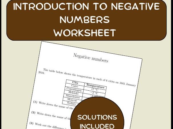 Introduction to negative numbers worksheet (with solutions)