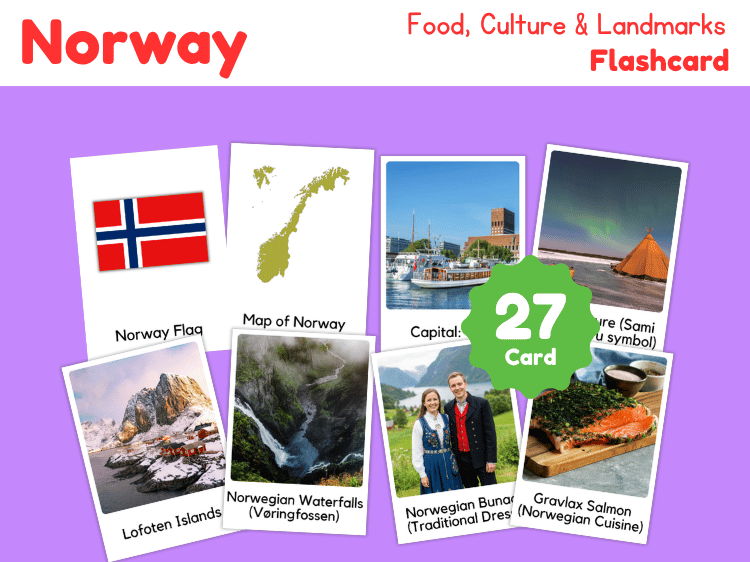 Norway Geography Flashcards | 27 Printable Country Study Cards