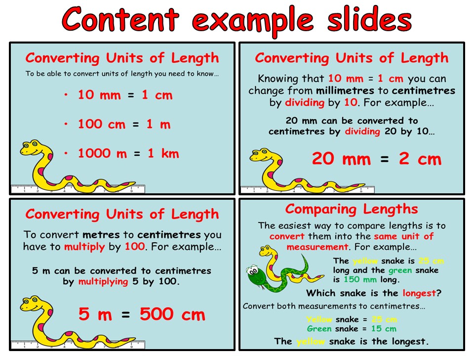 Converting and Comparing Units of Length - Year 4 - Animated PowerPoint presentation and worksheets