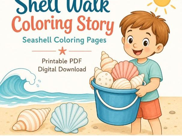 Shell Walk Coloring Story | Seashell Coloring Pages | Printable PDF | Digital Download