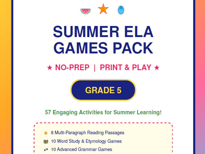 5th Grade Summer ELA Games Pack | No-Prep Printables