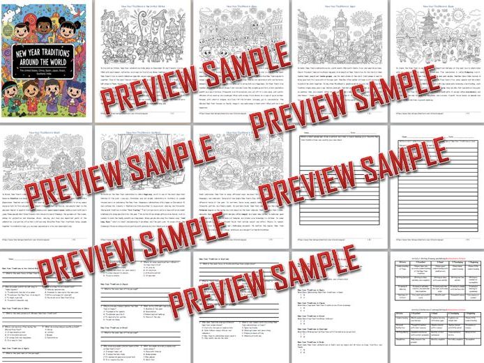 New Year Traditions Around the World Reading Packet | Reading Writing Coloring