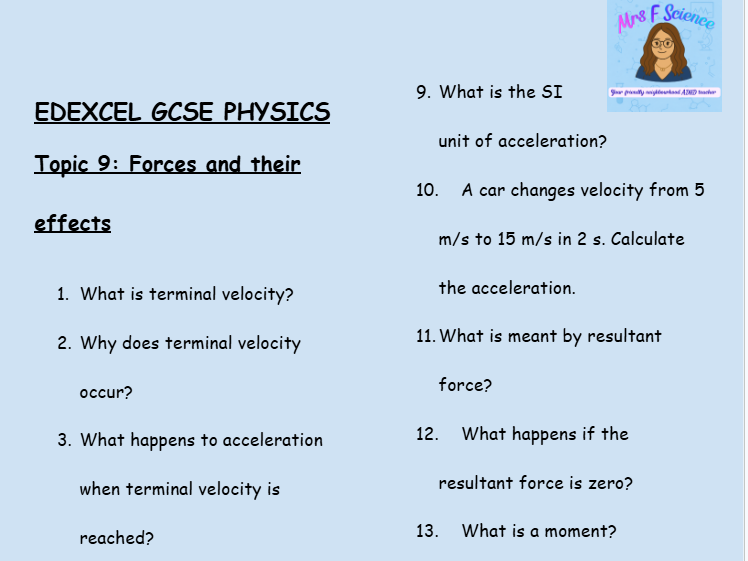 GCSE Edexcel Physics Topic 9: Forces and Their Effects Revision Worksheet