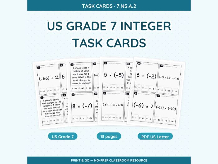 US Grade 7 Integer Task Cards | 13 Sheets