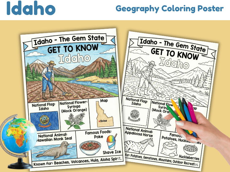 Idaho Geography Coloring Poster | State Facts & Symbols