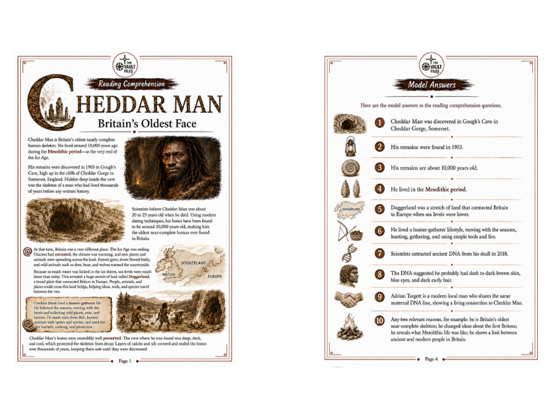 Cheddar Man Reading Comprehension with Questions and Answers (KS3 History)