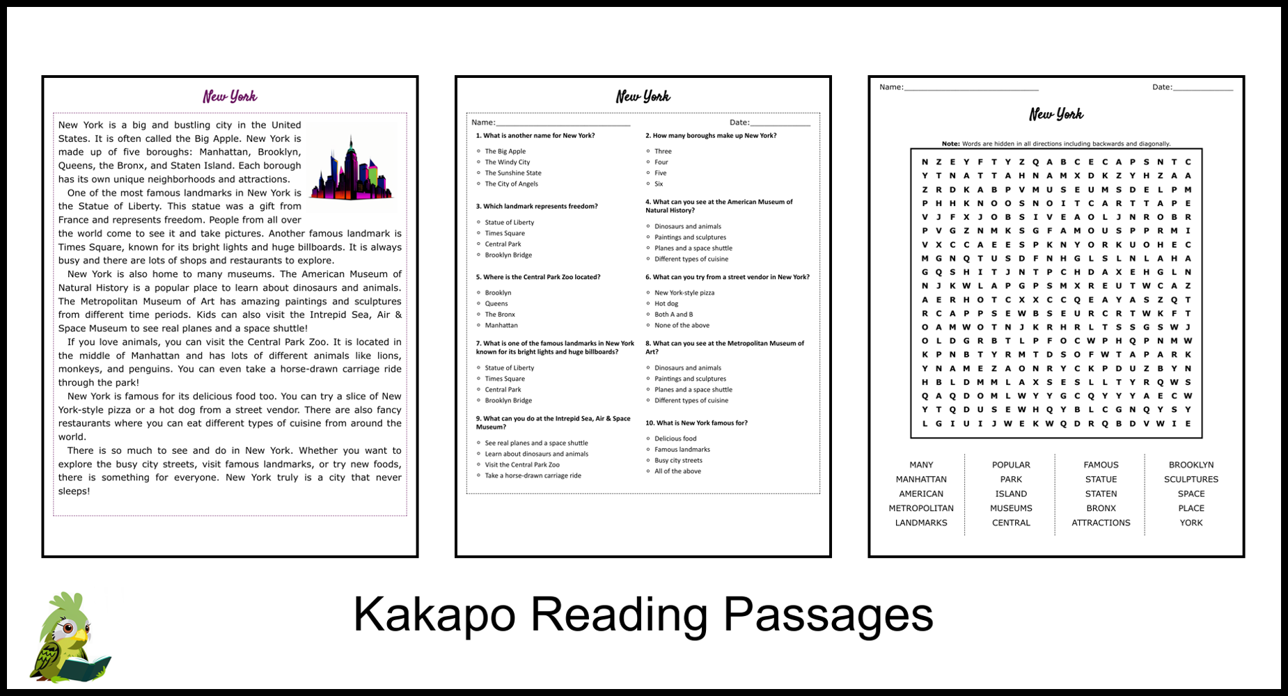 New York Reading Comprehension and Word Search Teaching Resources