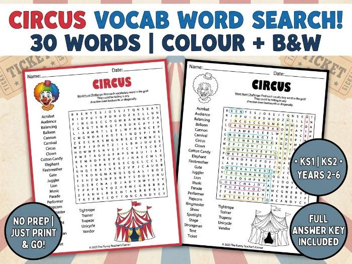Circus Word Search | Carnival & Performing Arts Activity | KS1 KS2 Years 2-6