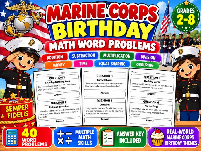 Marine Corps Birthday Math Word Problems | 40 Questions & Answer Key