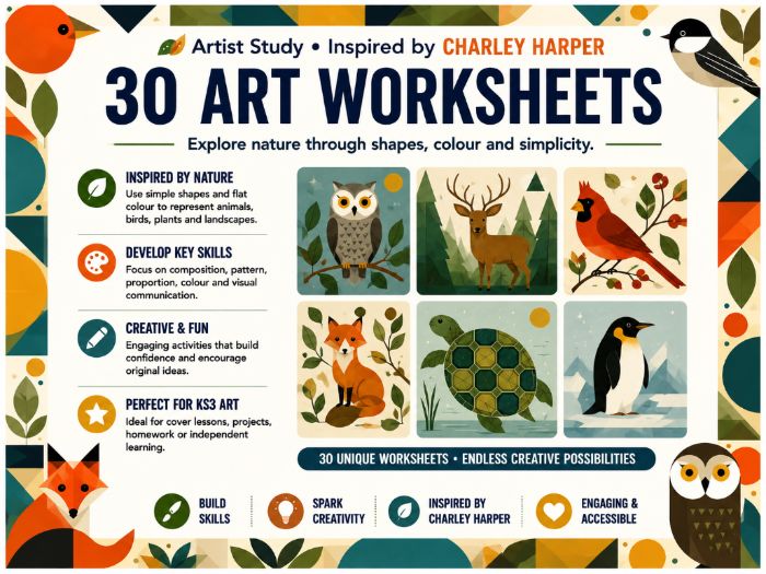 Charley Harper Artist Study – 30 Art Worksheets | Geometric Animals, Nature & Colour | KS3 Art