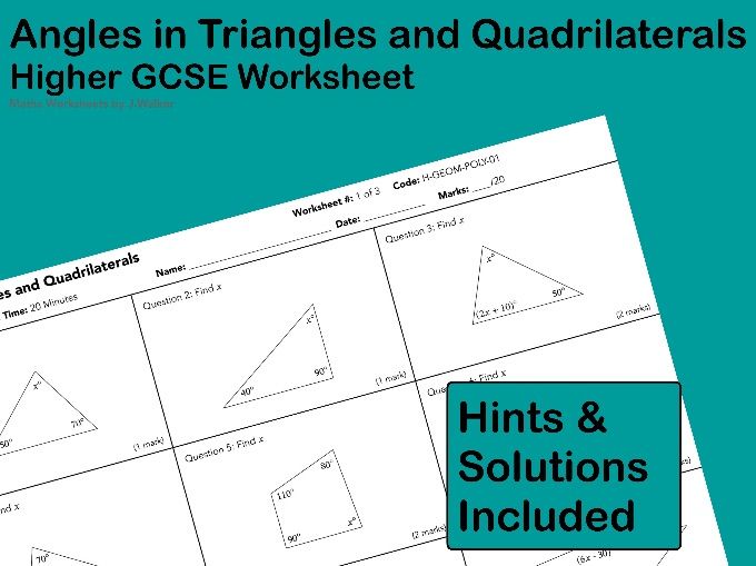 GCSE Maths Worksheet: Angles in Triangles and Quadrilaterals- Higher Tier