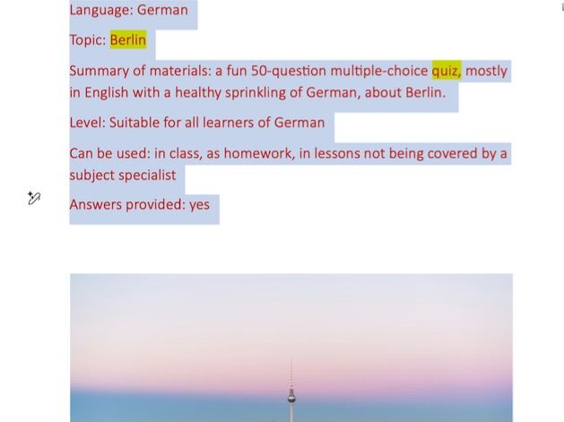 German, Berlin, multiple-choice quiz, 50 questions with answers, for all levels.