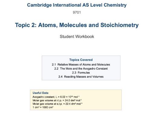 CAIE AS Chemistry TOPIC 2 Amount of Substance Student Workbook 2025-2027 Syllabus