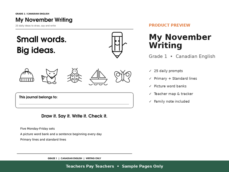 November Daily Writing Prompts & Journal Sheets - Year 1 / Grade 1 English