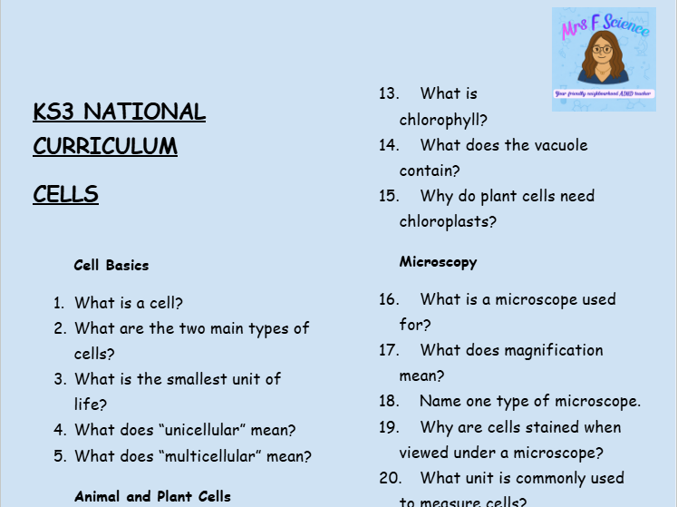 KS3 Science Retrieval Practice – Cells (30 Questions + Answers)