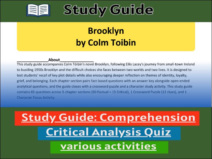 Brooklyn by Colm Toibin - Study Guide , Comprehension Test