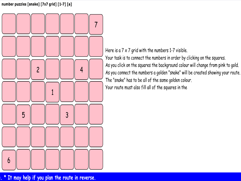 number puzzles [snake] [7x7 grid] [1-7] [a]