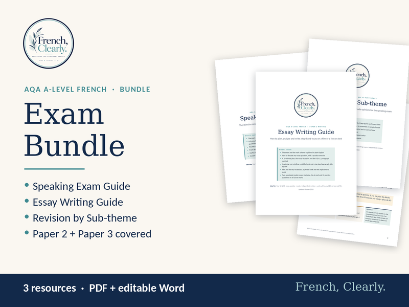AQA A-level French Exam Bundle – Speaking Guide, Essay Writing Guide & Revision by Sub-theme