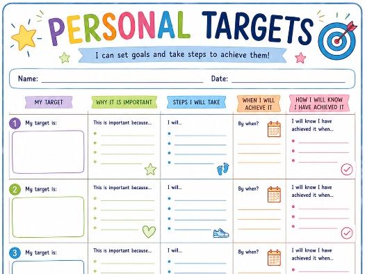 Personal Targets Template | KS2 Goal Setting Worksheet | Back to School Activity
