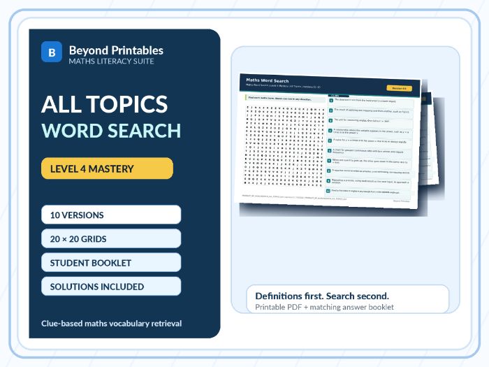 All Topics Level 4 Maths Word Search | 10 Printable Vocabulary Puzzles with Solutions