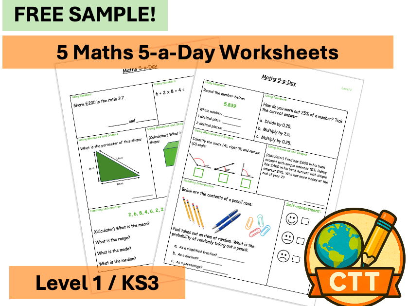 FREE Maths 5-a-Day: Level 1 / KS3 - Retrieval Practice (5 daily worksheets)