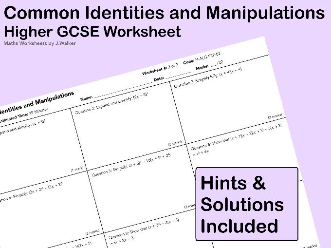 GCSE Maths Worksheet: Common Identities and Manipulations - Higher Tier