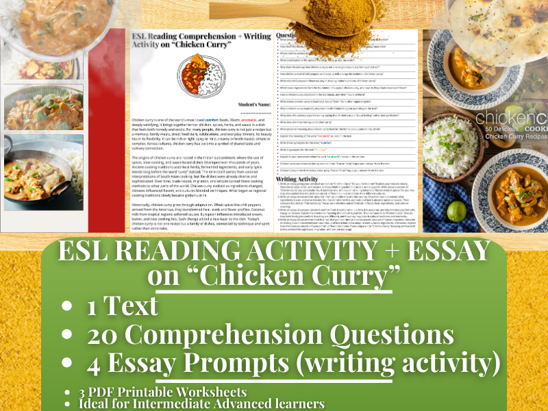 ESL Reading Comprehension + Writing Activity Worksheets on Chicken Curry