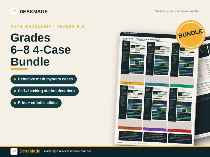 Math Whodunnit Escape Room Bundle | Grades 6–8 | 4 Mystery Cases